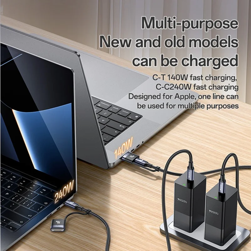 YESIDO CA197 USB-C на USB-C / Магнитный наконечник 2 в 1 240 Вт кабель быстрой зарядки для MacBook
