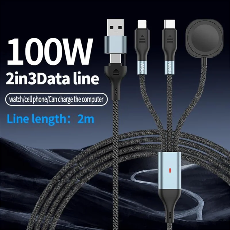 Cavo di ricarica 2 in 1 da 2 m USB A / Type-C a USB C / 8 Pin / per Base di Ricarica Apple Watch PD 100W Ricarica Rapida