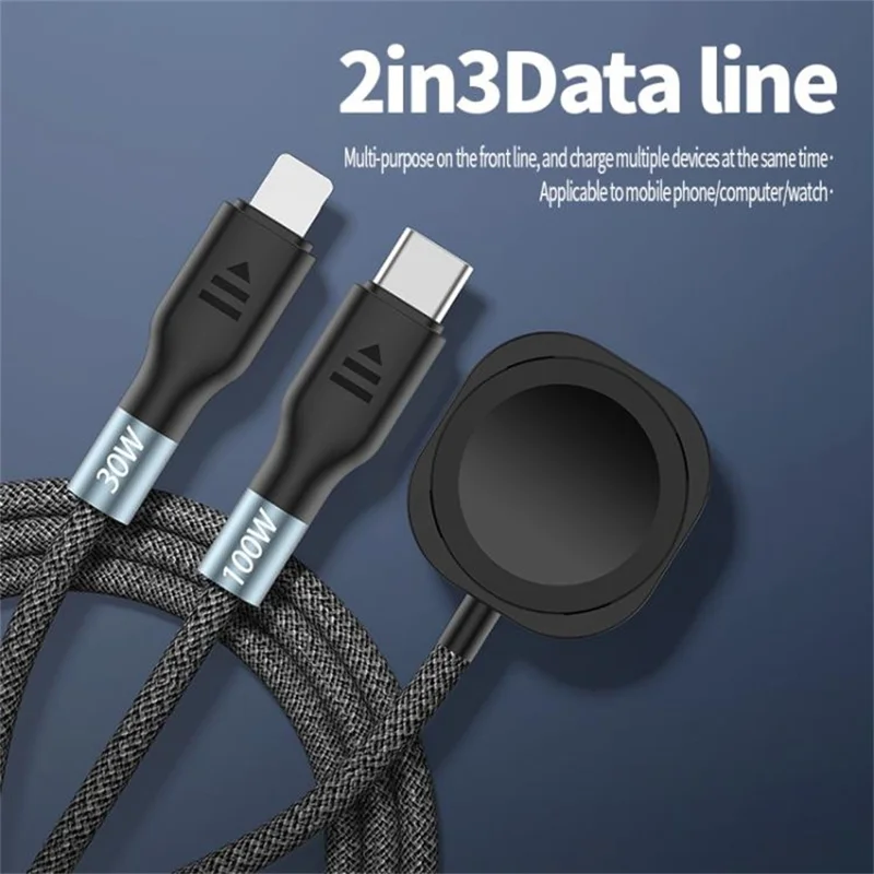 1.2m 2 in 1 USB A  /  Type-C to USB C /  8 Pin  /  for Apple Watch Charger Dock PD 100W Fast Charging Cable