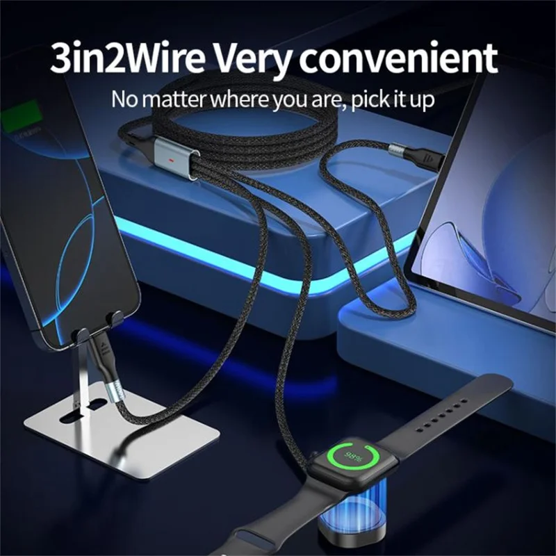 1.2m 2 in 1 USB A  /  Type-C to USB C /  8 Pin  /  for Apple Watch Charger Dock PD 100W Fast Charging Cable