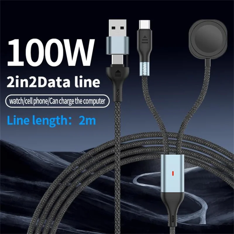 Cavo di ricarica 2m 2 in 1 da USB A / USB C a USB-C / per dock di ricarica wireless Apple Watch PD 100W a ricarica rapida