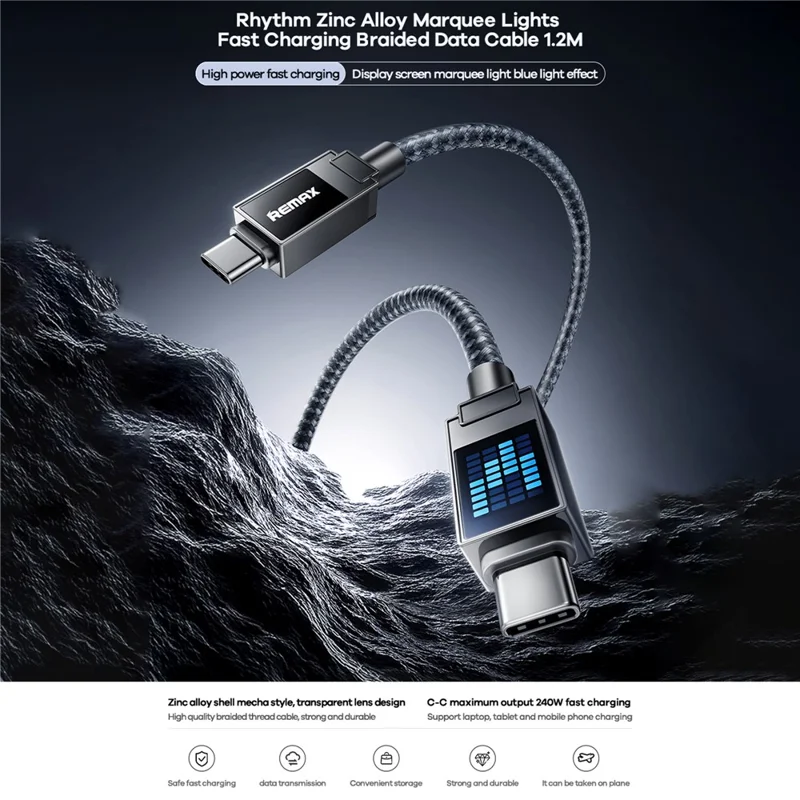 REMAX CB09(C-C) Rhythm Cable de Datos Trenzado de Aleación de Zinc de 1,2m 240W con Luz LED Marquesina para Carga Rápida