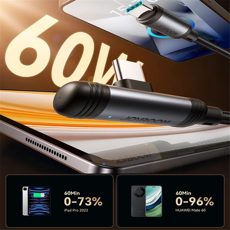 Câble JOYROOM S-A56 Type-C vers Type-C de 1,2 m, Cordon de Synchronisation et de Charge Rapide à 60W avec Connecteur Coudé
