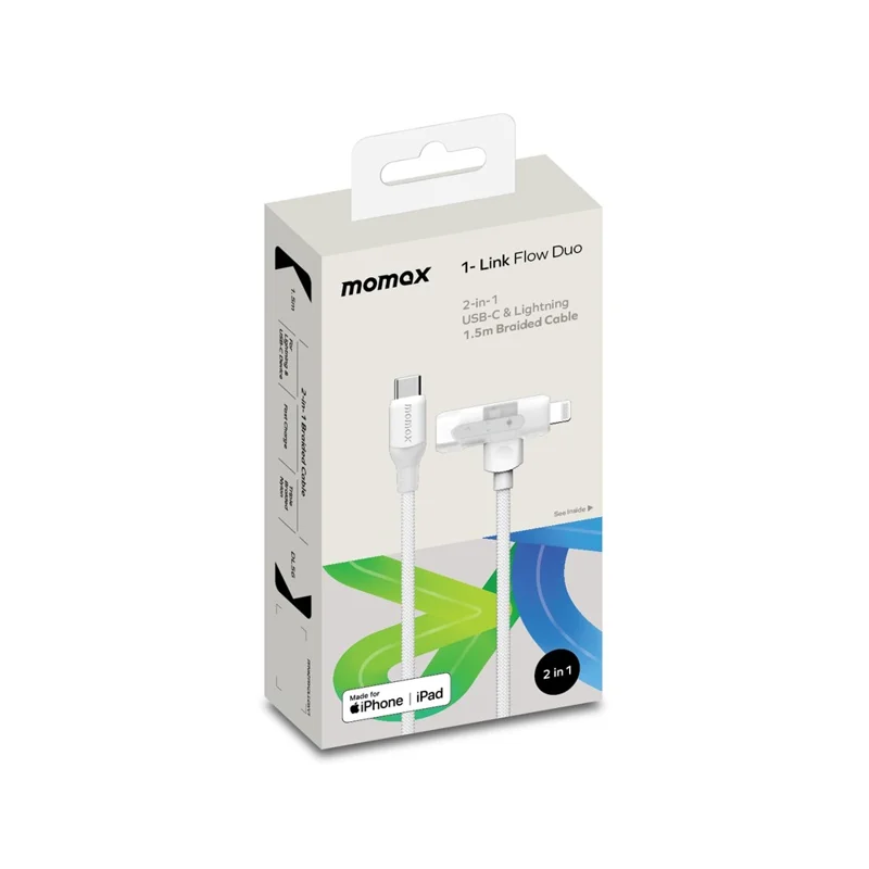 MOMAX 1-Link 1.5м 2-в-1 быстрозаряжающий плетеный кабель с сертификацией MFi, USB-C на USB-C / Lightning - Белый