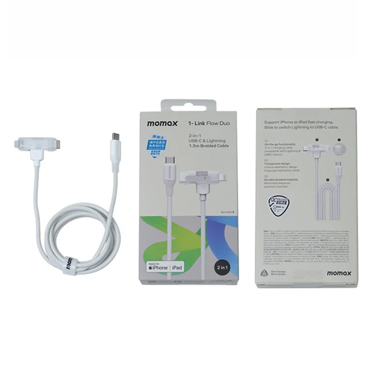 MOMAX 1-Link 1.5м 2-в-1 быстрозаряжающий плетеный кабель с сертификацией MFi, USB-C на USB-C / Lightning - Белый