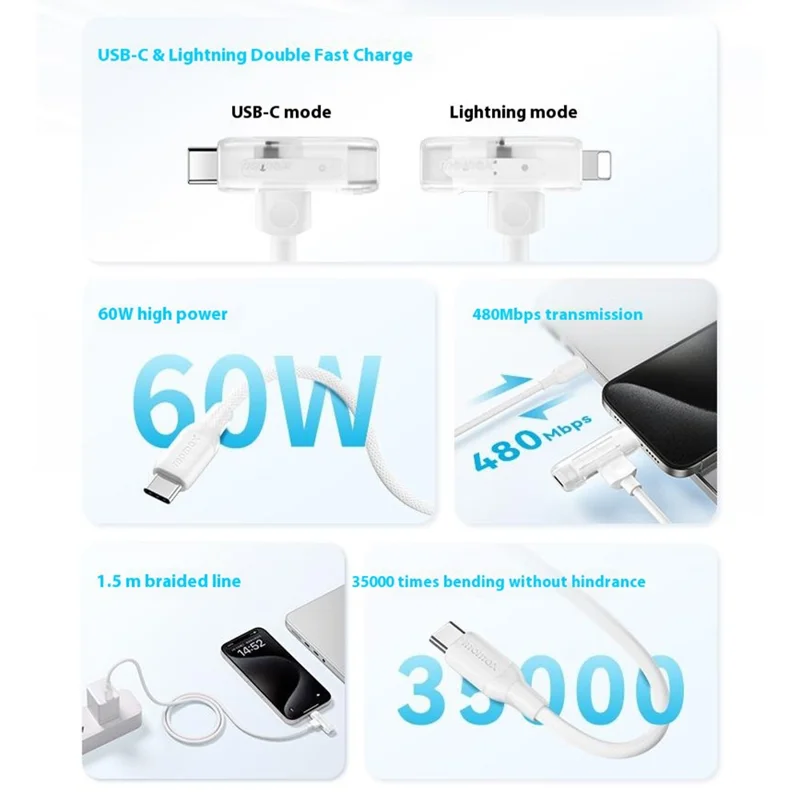 MOMAX 1-Link 1.5м 2-в-1 быстрозаряжающий плетеный кабель с сертификацией MFi, USB-C на USB-C / Lightning - Белый
