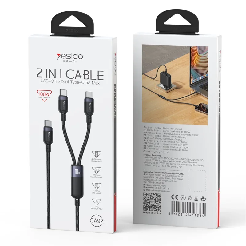 YESIDO CA92 Cavo Splitter USB C a Doppia USB C 2 in 1 Ricarica Rapida PD 100W Intrecciato