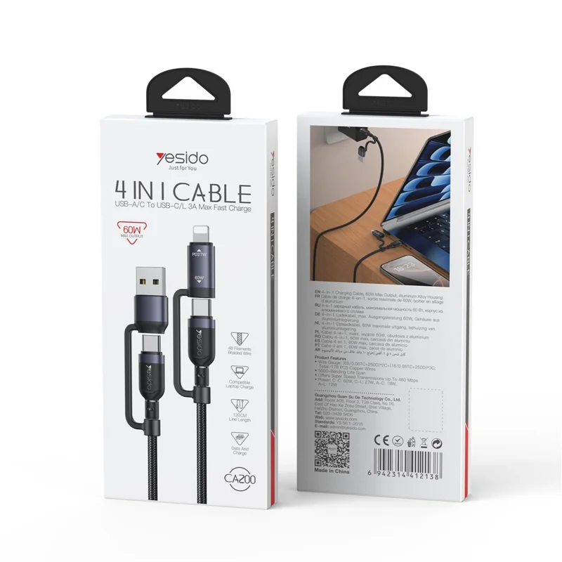 YESIDO CA200 Cavo di Ricarica 4 in 1 USB / Type-C a Type-C / 8-Pin Intrecciato per Dati