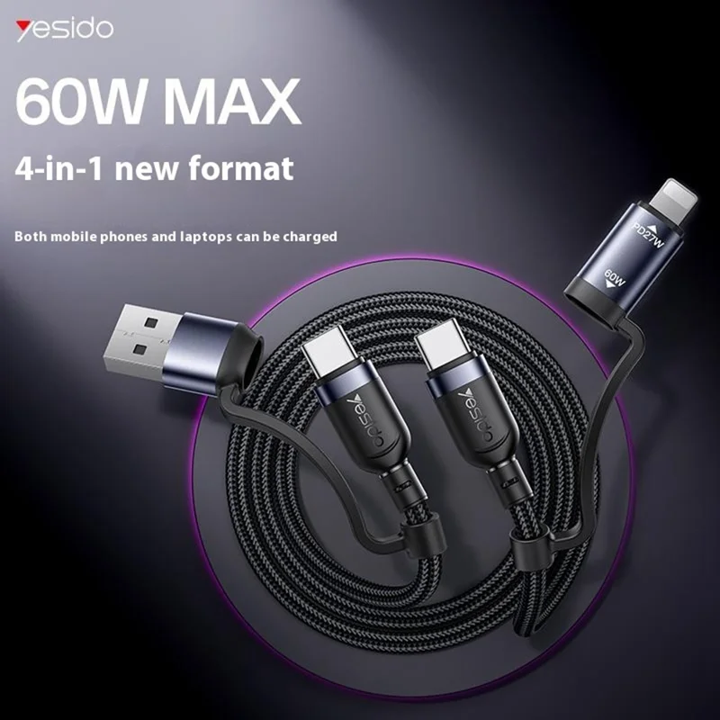 YESIDO CA200 Cavo di Ricarica 4 in 1 USB / Type-C a Type-C / 8-Pin Intrecciato per Dati