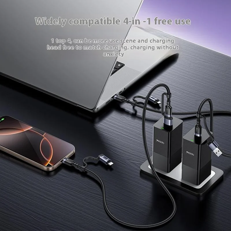 YESIDO CA200 Cavo di Ricarica 4 in 1 USB / Type-C a Type-C / 8-Pin Intrecciato per Dati