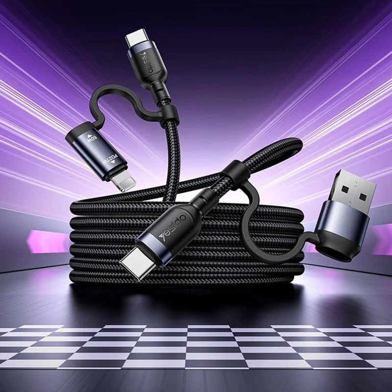 YESIDO CA200 Cavo di Ricarica 4 in 1 USB / Type-C a Type-C / 8-Pin Intrecciato per Dati
