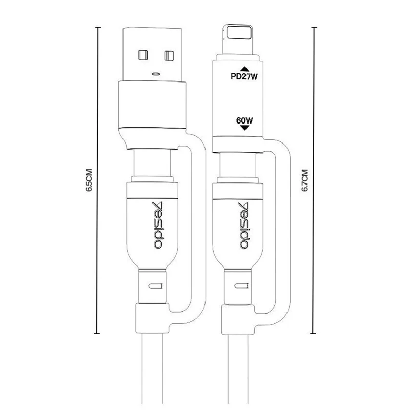 YESIDO CA200 Cavo di Ricarica 4 in 1 USB / Type-C a Type-C / 8-Pin Intrecciato per Dati