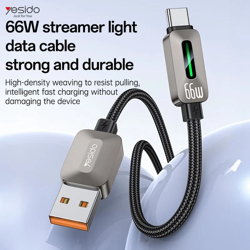 Cable de carga rápida YESIDO CA137C de USB A a Tipo C de 66W con luz dinámica, compatible con CarPlay