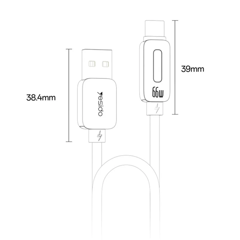 Cable de carga rápida YESIDO CA137C de USB A a Tipo C de 66W con luz dinámica, compatible con CarPlay