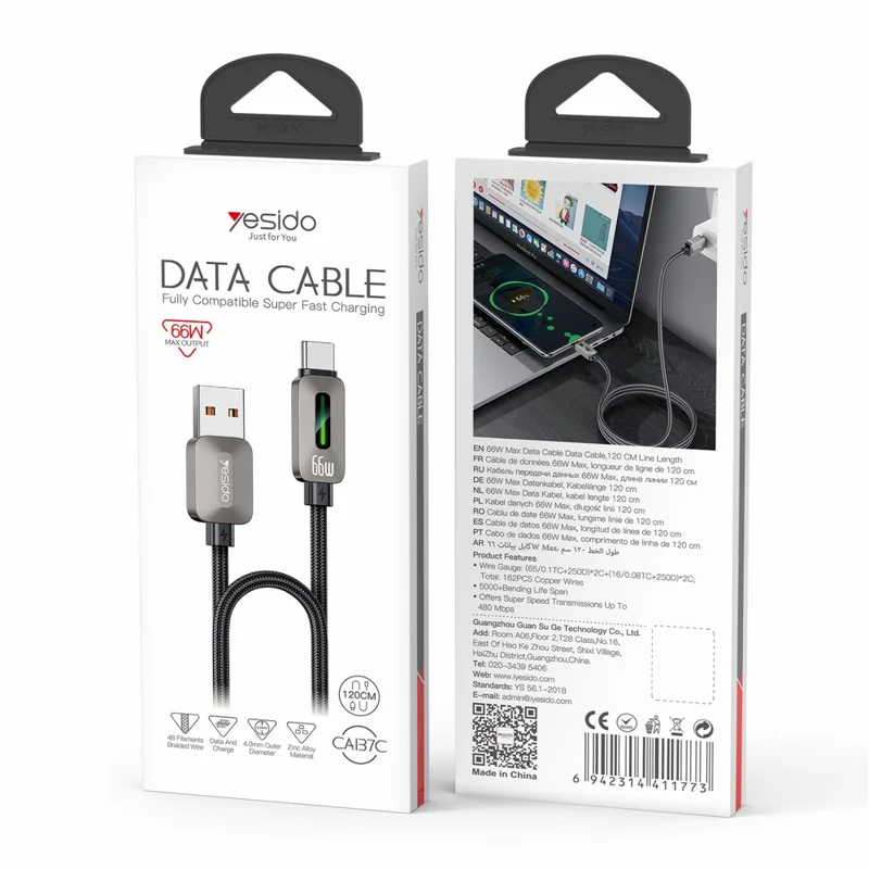 Cable de carga rápida YESIDO CA137C de USB A a Tipo C de 66W con luz dinámica, compatible con CarPlay