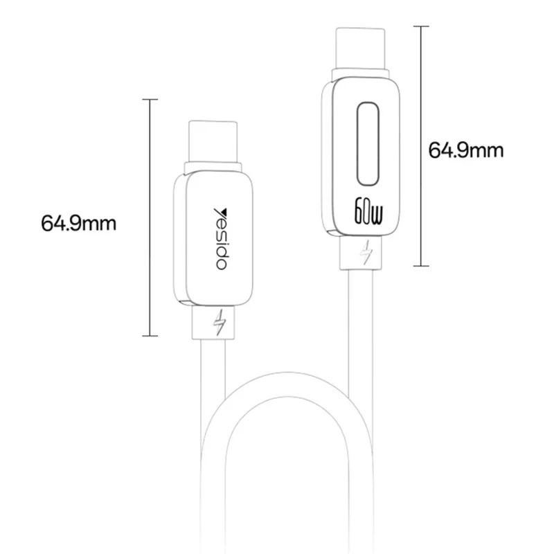 YESIDO CA198 60W 3A USB-C to USB-C Cable Zinc Alloy Flowing Light Braided Data Cable