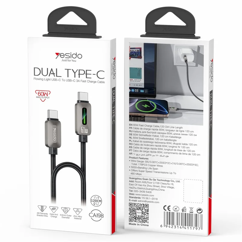 YESIDO CA198 60W 3A USB-C to USB-C Cable Zinc Alloy Flowing Light Braided Data Cable