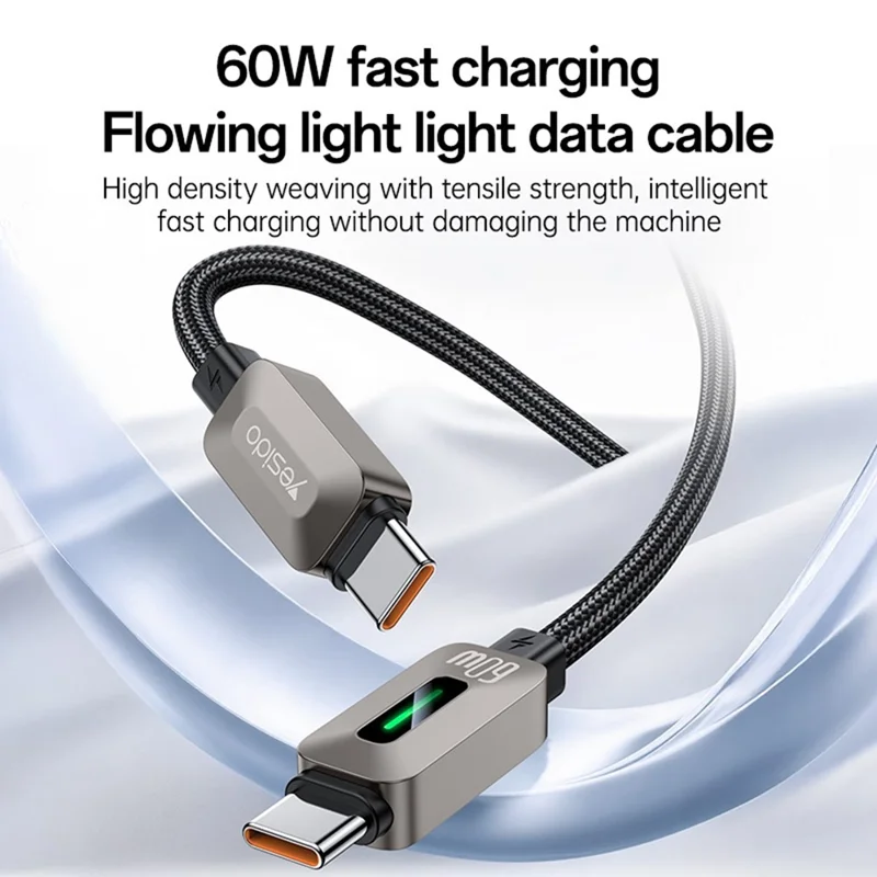YESIDO CA198 60W 3A USB-C to USB-C Cable Zinc Alloy Flowing Light Braided Data Cable
