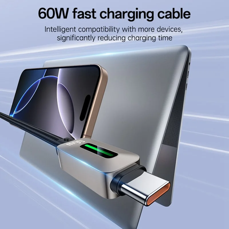 YESIDO CA198 60W 3A USB-C to USB-C Cable Zinc Alloy Flowing Light Braided Data Cable