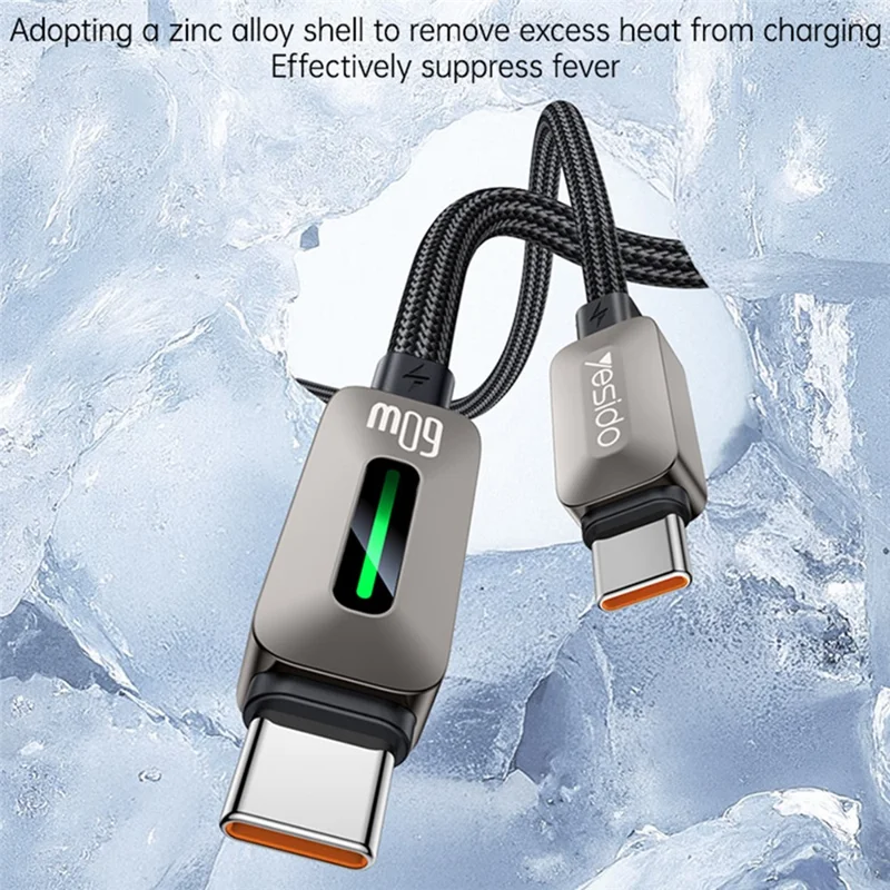 YESIDO CA198 60W 3A USB-C to USB-C Cable Zinc Alloy Flowing Light Braided Data Cable