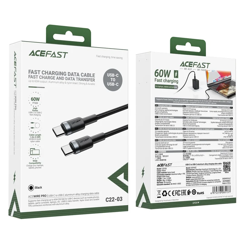 ACEFAST C22-03 1,2m USB-C zu USB-C Aluminium-Legierung geflochtenes Ladekabel 60W Schnellladekabel Datenkabel