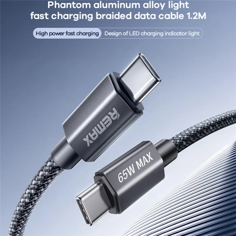 REMAX CB01 1,2M Cavo dati USB-C a USB-C intrecciato con ricarica rapida PD 65W e indicatore LED