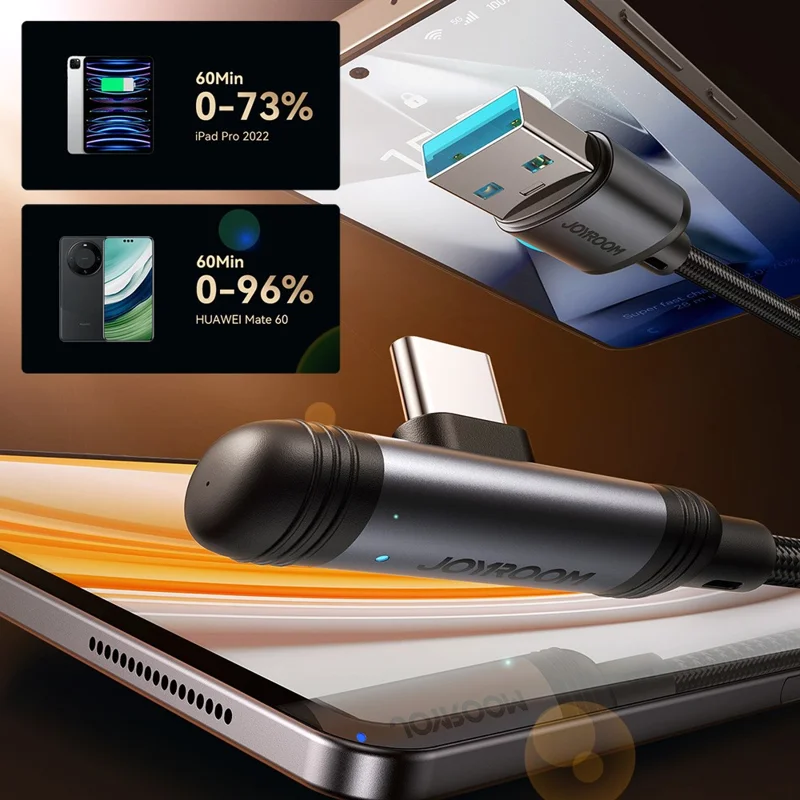 JOYROOM S-A56 1.2m USB-A to Type-C Elbow 3A Fast Charging Cable Data Transfer Braided Cord - Black