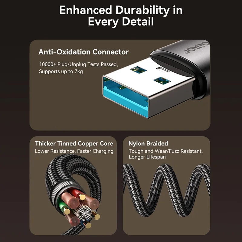 JOYROOM S-A56 1.2m USB-A to Type-C Elbow 3A Fast Charging Cable Data Transfer Braided Cord - Black