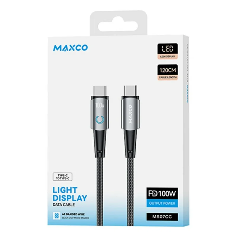 MAXCO 1.2m Type-C to Type-C PD 100W Fast Charging Cable LED Indicator Aluminum Alloy Braided Cord