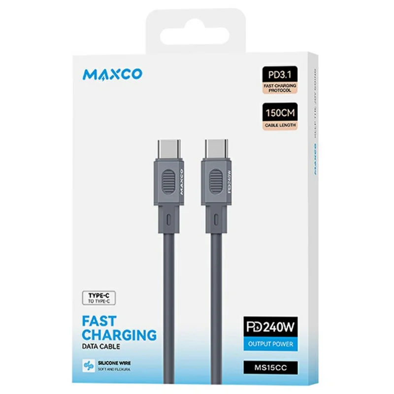 MAXCO 1.5m Type-C to Type-C 100W Super Fast Charging Cable Silicone Data Cord - Grey