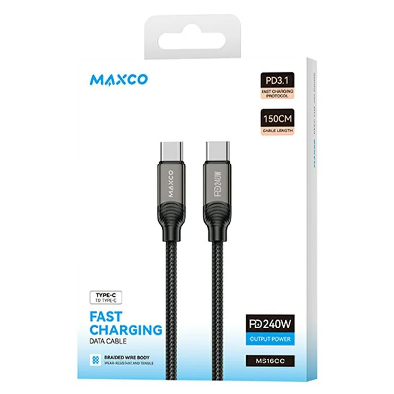 MAXCO 1.5m Type-C to Type-C PD 240W Fast Charging Cable Data Transfer Braided Cord - Black