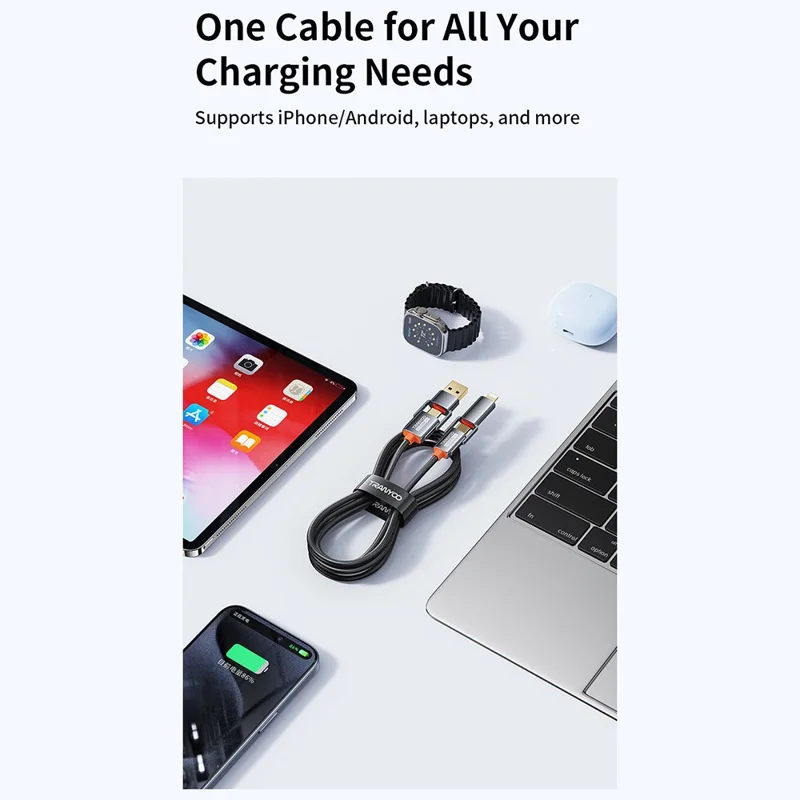 Cable de carga rápida TRANYOO T-XS10 4 en 1 de 240W, tipo C / USB a tipo C / Cable trenzado de aleación de zinc de 8 pines