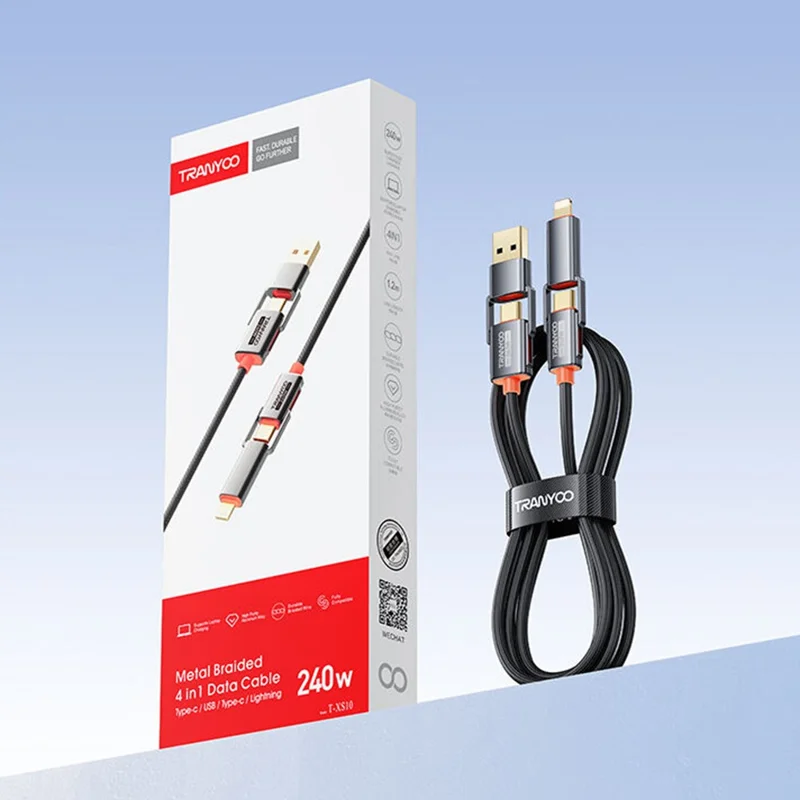 Cable de carga rápida TRANYOO T-XS10 4 en 1 de 240W, tipo C / USB a tipo C / Cable trenzado de aleación de zinc de 8 pines