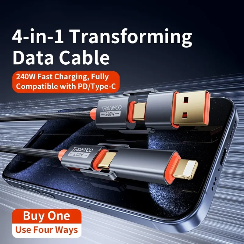 Cable de carga rápida TRANYOO T-XS10 4 en 1 de 240W, tipo C / USB a tipo C / Cable trenzado de aleación de zinc de 8 pines