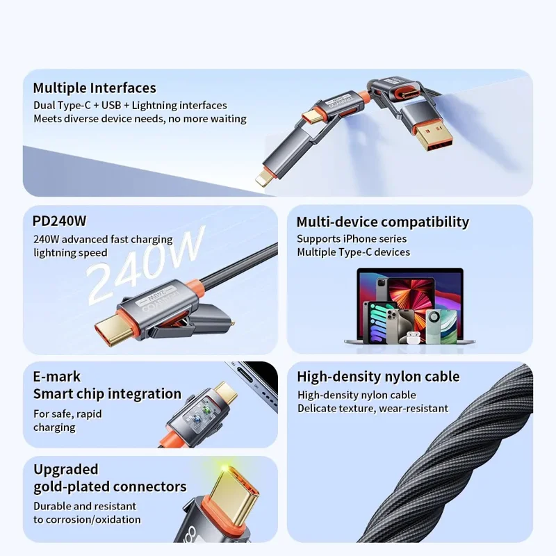 Cable de carga rápida TRANYOO T-XS10 4 en 1 de 240W, tipo C / USB a tipo C / Cable trenzado de aleación de zinc de 8 pines