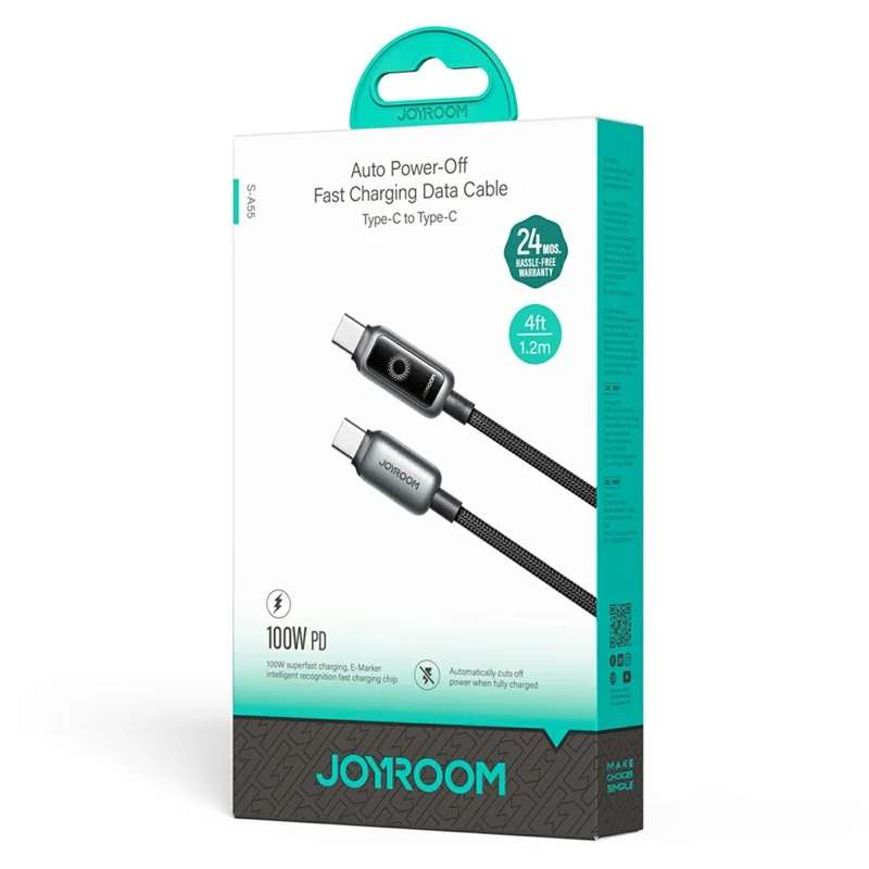 Câble JOYROOM S-A55 Type-C vers Type-C de 1,2 m, 100 W, charge rapide et synchronisation de données - Noir