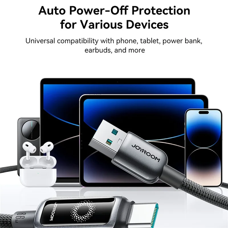 JOYROOM S-A55 Câble USB-A vers Type-C de 1,2 m, Charge Rapide 66W, Coupure Automatique de l'Alimentation, Cordon de Données - Noir