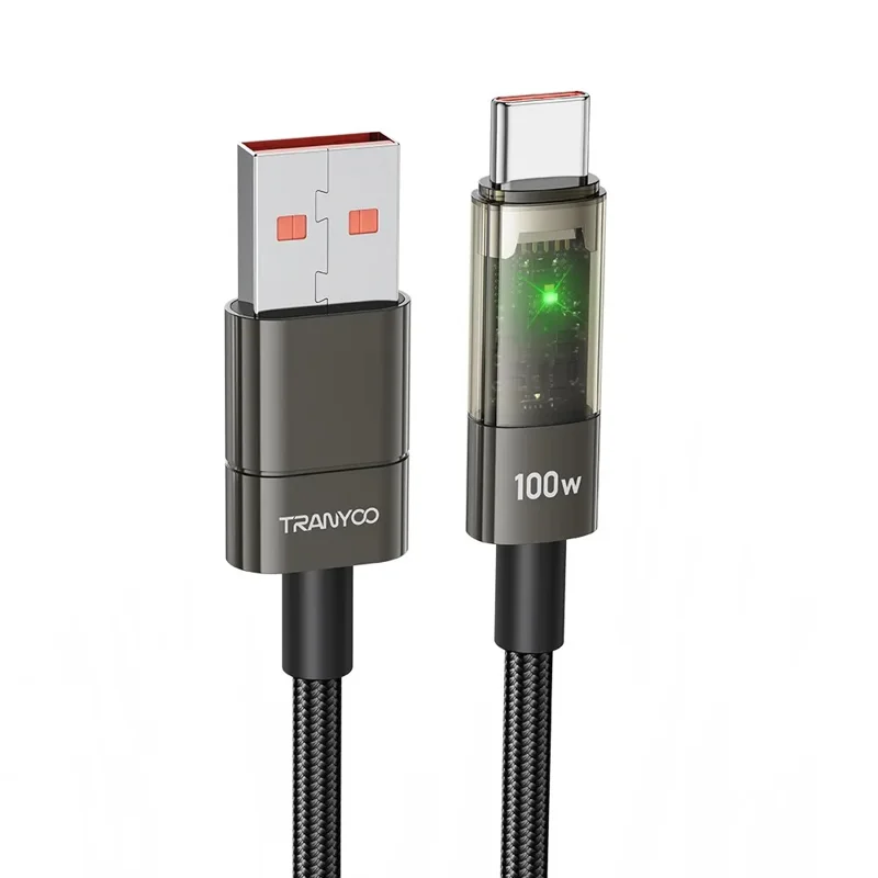 TRANYOO AC-1 100W Fast Charging Cable Intelligent Auto Disconnect Data Cable Transparent LED Braided