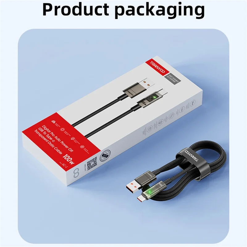 TRANYOO AC-1 100W Fast Charging Cable Intelligent Auto Disconnect Data Cable Transparent LED Braided
