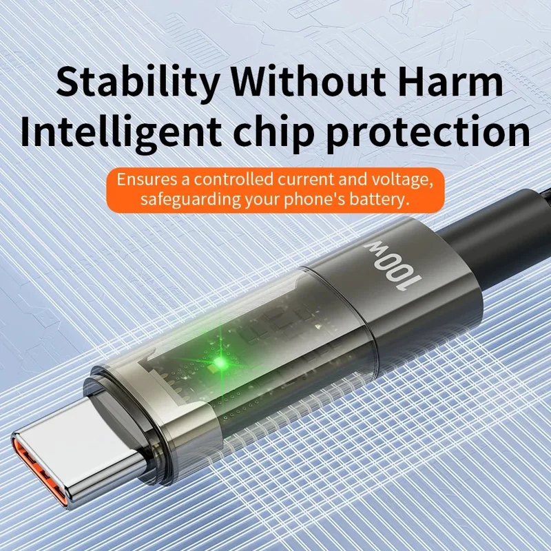 TRANYOO AC-1 100W Fast Charging Cable Intelligent Auto Disconnect Data Cable Transparent LED Braided