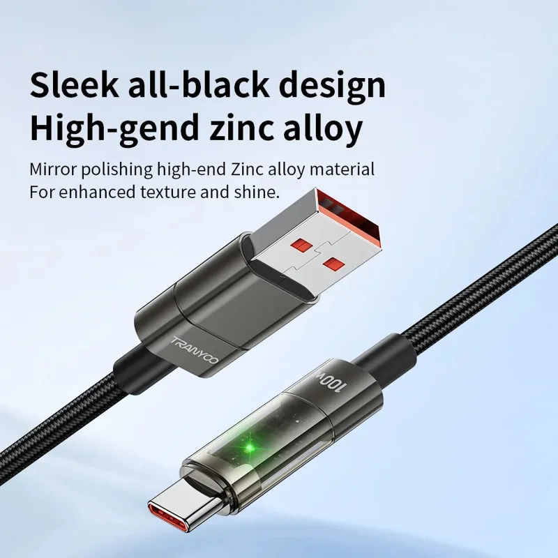 TRANYOO AC-1 100W Fast Charging Cable Intelligent Auto Disconnect Data Cable Transparent LED Braided