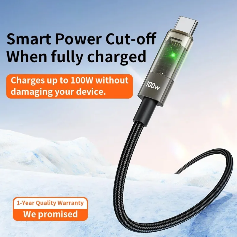 TRANYOO AC-1 100W Fast Charging Cable Intelligent Auto Disconnect Data Cable Transparent LED Braided