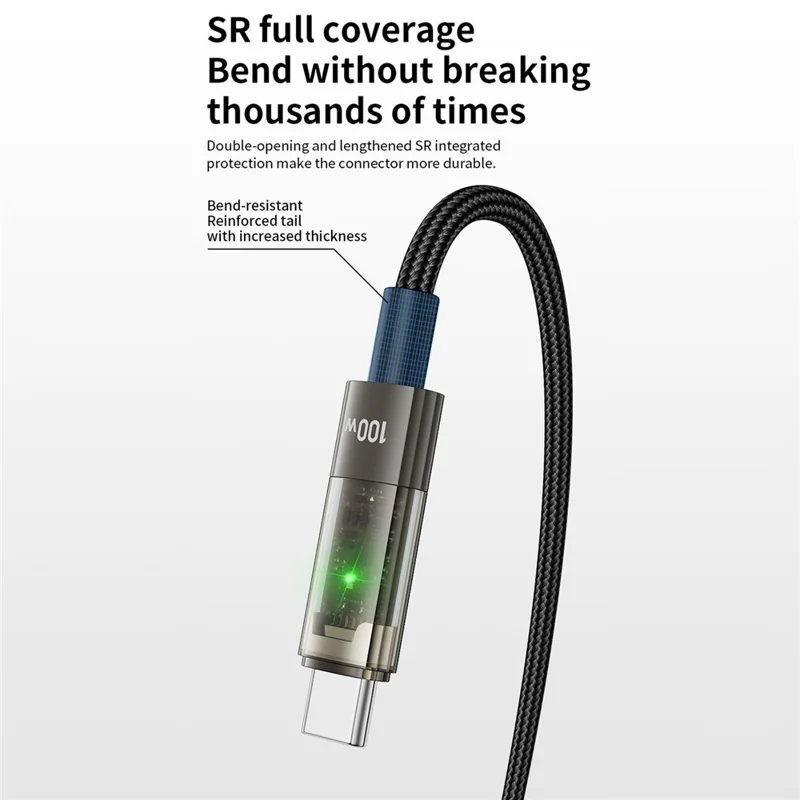 TRANYOO AC-1 100W Fast Charging Cable Intelligent Auto Disconnect Data Cable Transparent LED Braided
