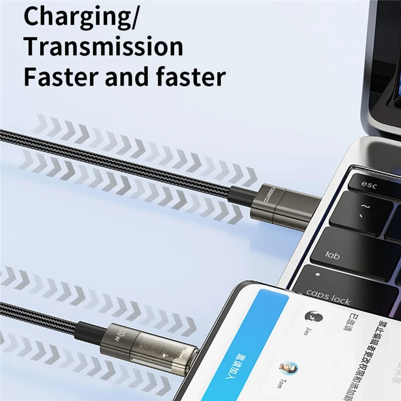 TRANYOO AC-1 100W Fast Charging Cable Intelligent Auto Disconnect Data Cable Transparent LED Braided