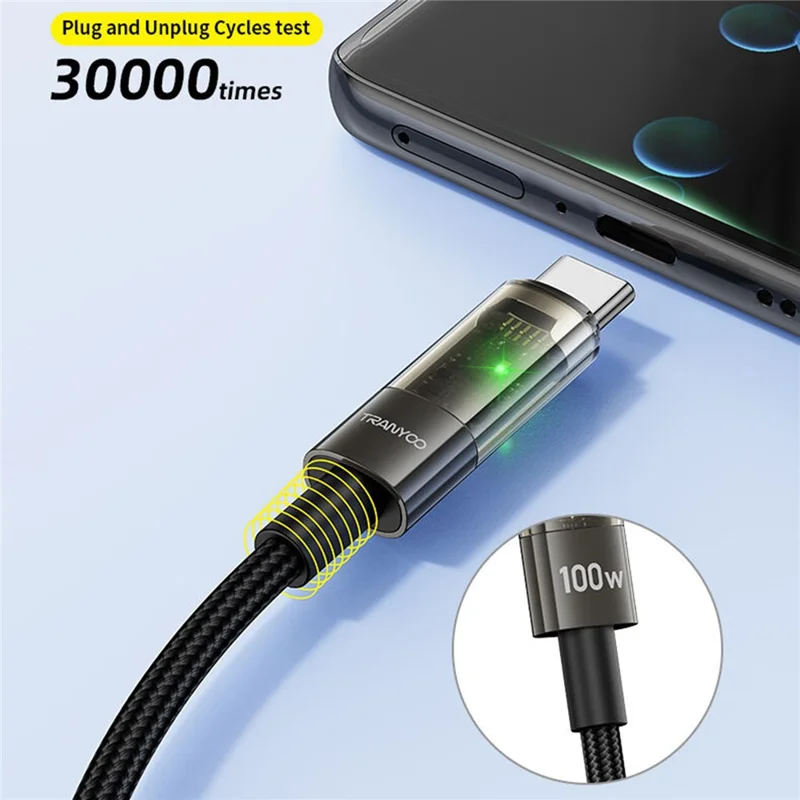 TRANYOO CC-1 Smart Auto Disconnect Charging Cable 100W Data Cable with LED Indicator for Laptops