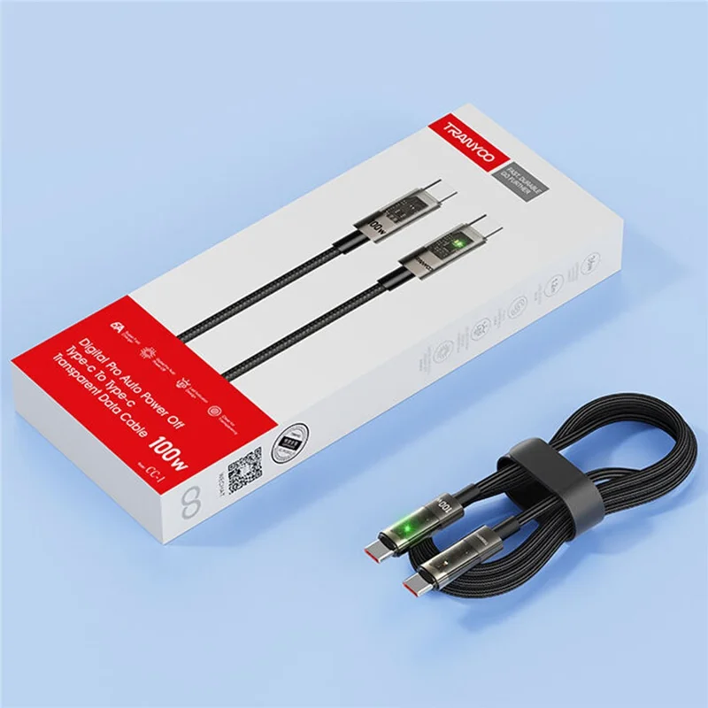 TRANYOO CC-1 Smart Auto Disconnect Charging Cable 100W Data Cable with LED Indicator for Laptops