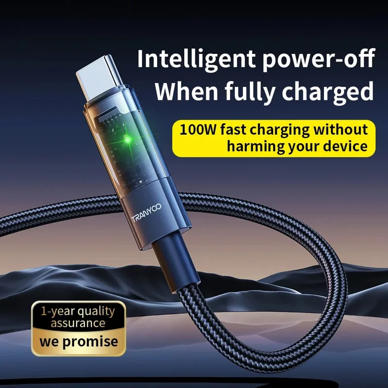 TRANYOO CC-1 Smart Auto Disconnect Charging Cable 100W Data Cable with LED Indicator for Laptops