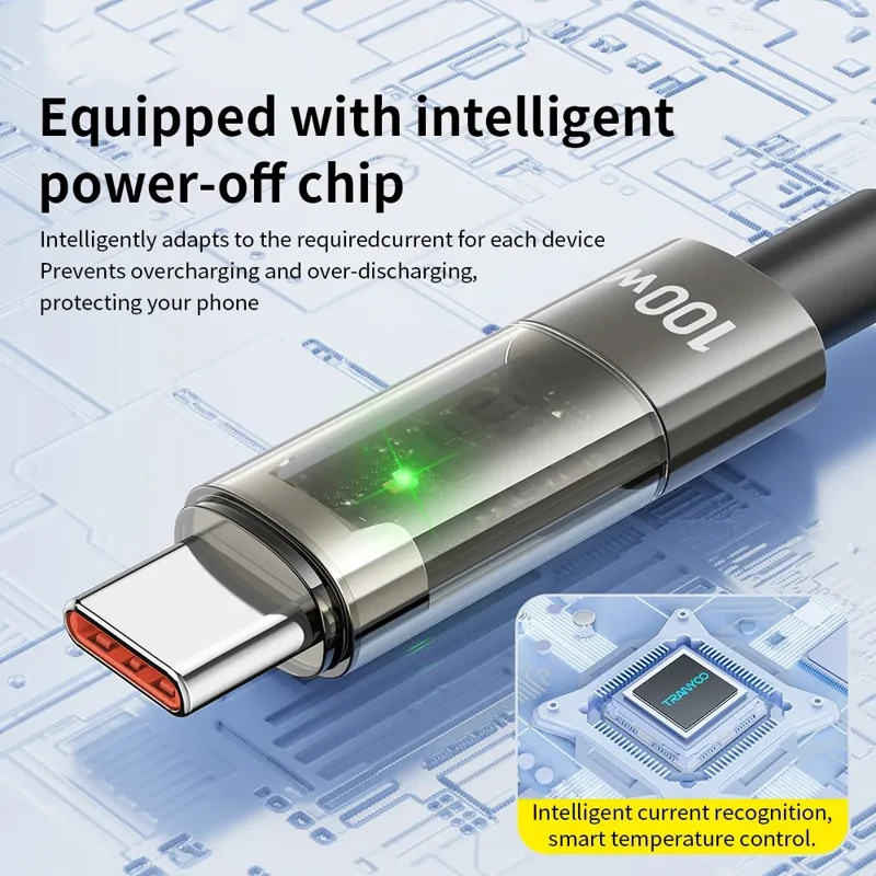 TRANYOO CC-1 Smart Auto Disconnect Charging Cable 100W Data Cable with LED Indicator for Laptops