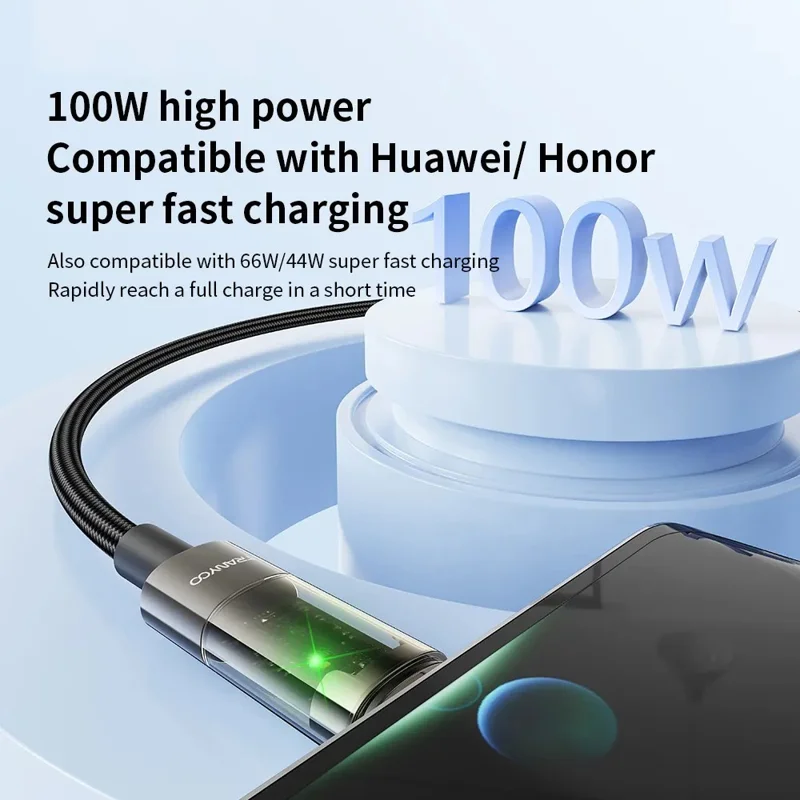 TRANYOO CC-1 Smart Auto Disconnect Charging Cable 100W Data Cable with LED Indicator for Laptops