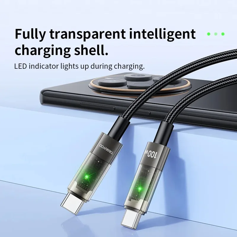 TRANYOO CC-1 Smart Auto Disconnect Charging Cable 100W Data Cable with LED Indicator for Laptops